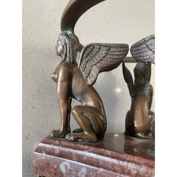 Winged Sphinx Egyptian Bronze Brass Statue Rare Marble Candle Holder Sculpture - Picture 15 of 16